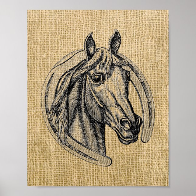 Poster Vintage Horse Cameo em Burlap (Frente)