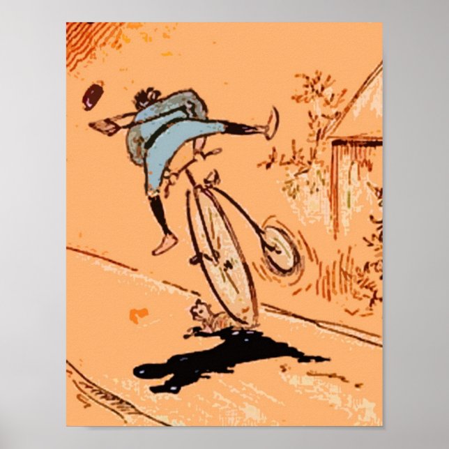 Póster Vintage Humor Man Bicycle Ride Fall Cat Orange (Frente)