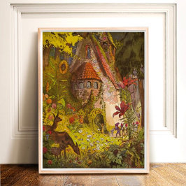 Poster Vintage Illustration Deep Forest Mystical Castle