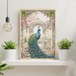 Poster Vintage Indian Style Floral Garden Peacock<br><div class="desc">Arte impermeável com belas pavões com arcos indianos no fundo com flores cor-de-rosa.</div>