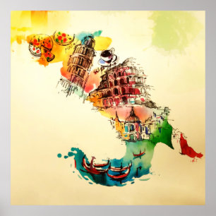 Poster Vintage Itália Map City Viagem Love Watercolor