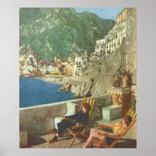 Poster Vintage Italia, relaxando na costa de Amalfi, os