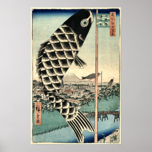 Poster Vintage Japanese Art Paper Fish Blue