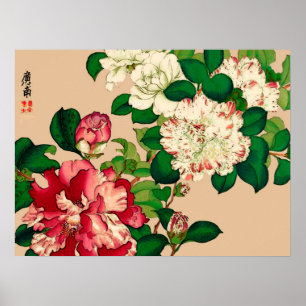 Poster Vintage Japanese Camellias. Deep Pink on Beige