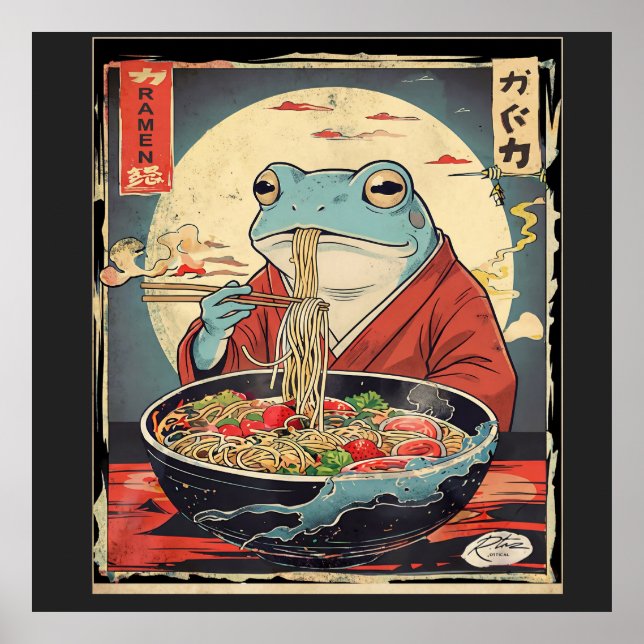 Poster Vintage Japanese Frog Eating Ramen Ukiyo-e (Frente)
