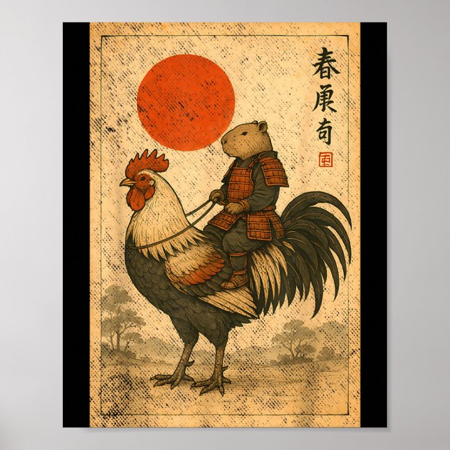 Poster Vintage Japanese Samurai Capybara Rooster Chicken  (Frente)