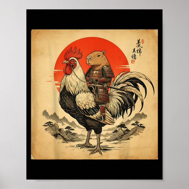 Poster Vintage Japanese Samurai Capybara Rooster Chicken  (Frente)