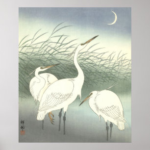 Poster Vintage Japonês 3 Herões Sob A Lua Crescente