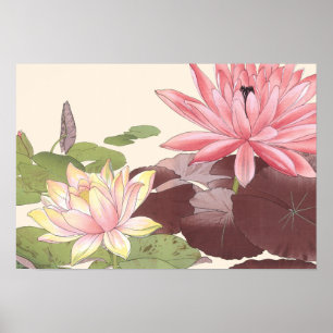 Poster Vintage Japonês - Arte Floral Rosa Lotus Pond