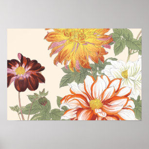 Poster Vintage Japonês Floral Art Orange Red Flowers