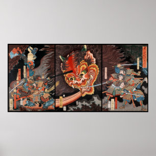 Poster Vintage Japonês Triptych: Samurai vs Oni King