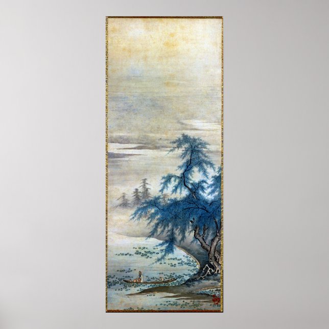 Póster Vintage Japonês Zhou Maoshu Apreciando Lotus (Frente)