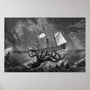 Poster Vintage Kraken Gigante Mar de Lula Navio Monstro