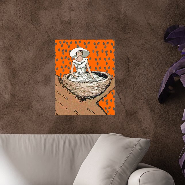 Poster Vintage Lady Em Folhas Brancas (Lady dressed in white sitting in tree in bird's nest with eggs with leaves on orange art wall poster)