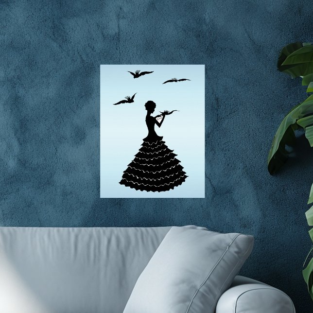 Poster Vintage Lady Silhouette - Letra Doves (Black silhouette long ruffled dress flying doves love letter on light blue art wall poster.)
