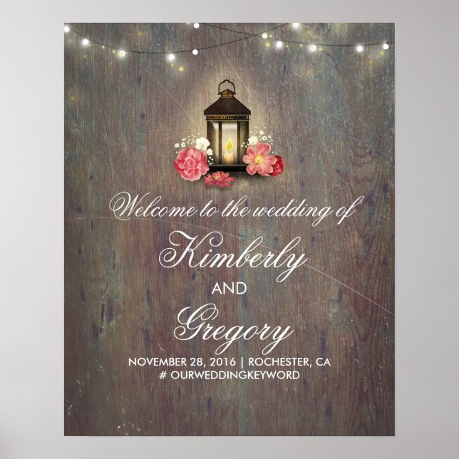 Póster Vintage Lantern Rustic Wood Weding Sign (Frente)