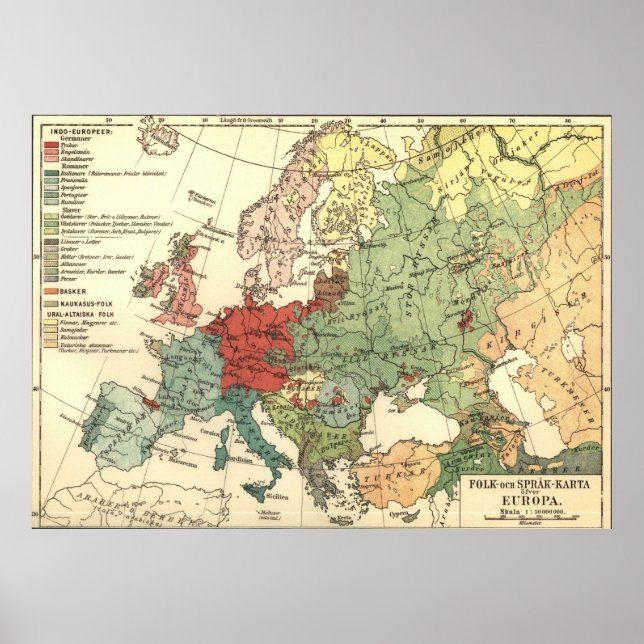 Poster Vintage Linguistic Map of Europe (1907) (Frente)