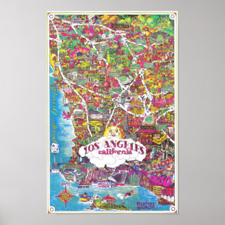 Poster Vintage Los Angeles City in California Map 1981
