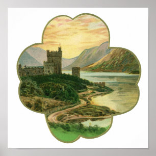 Poster Vintage Lucky Dourada Shamrock com um castelo irla