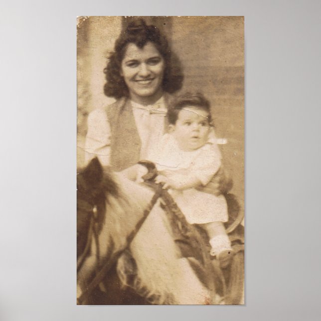 Póster Vintage Mãe e Criança em um pônei (Frente)