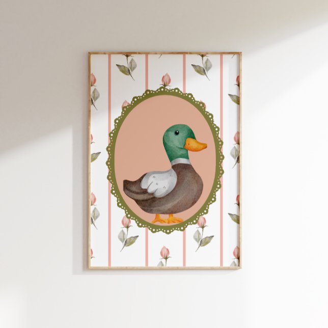 Poster Vintage Mallard Duck Nursery Wall Art (Framed vintage-style mallard duck print on a floral and pink striped background.)