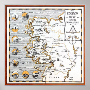 POSTER VINTAGE MAP IRLANDA CONDES MAYO / GALWAY