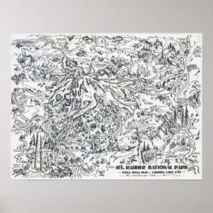 Poster Vintage Map Monte Rainier Pictorial Viagem