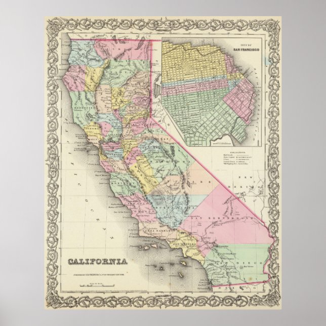 Póster Vintage Map of California (1856) (Frente)