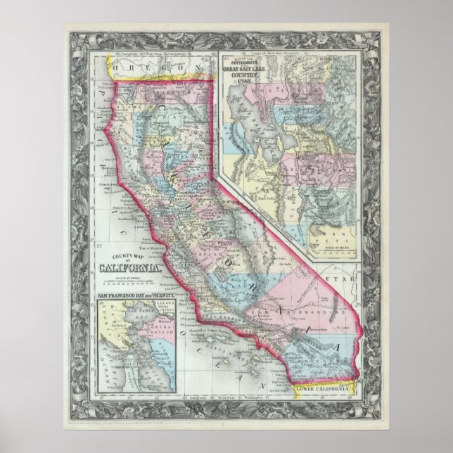 Poster Vintage Map of California (1860) (Frente)