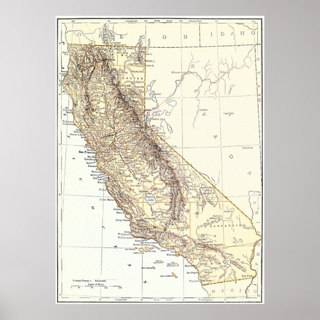 Póster Vintage Map of California (1878) (Frente)