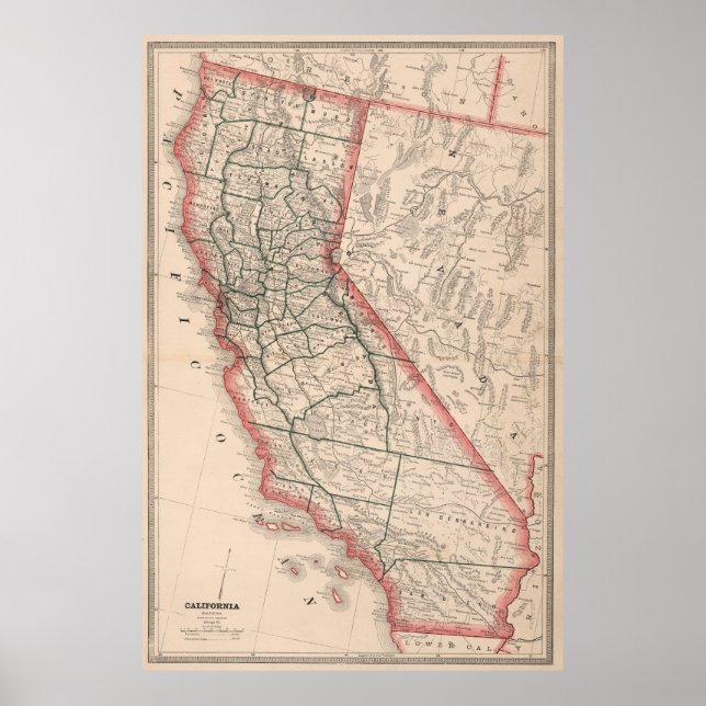 Poster Vintage Map of California (1883) (Frente)