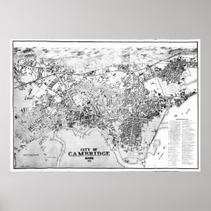 Poster Vintage Map of Cambridge Massachusetts (1877) BW
