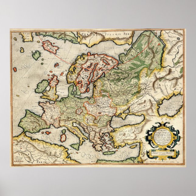 Póster Vintage Map of Europe (1596) (Frente)