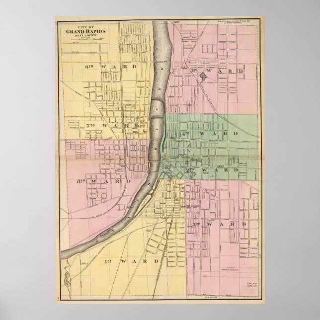Póster Vintage Map of Grand Rapids Michigan (1873) (Frente)