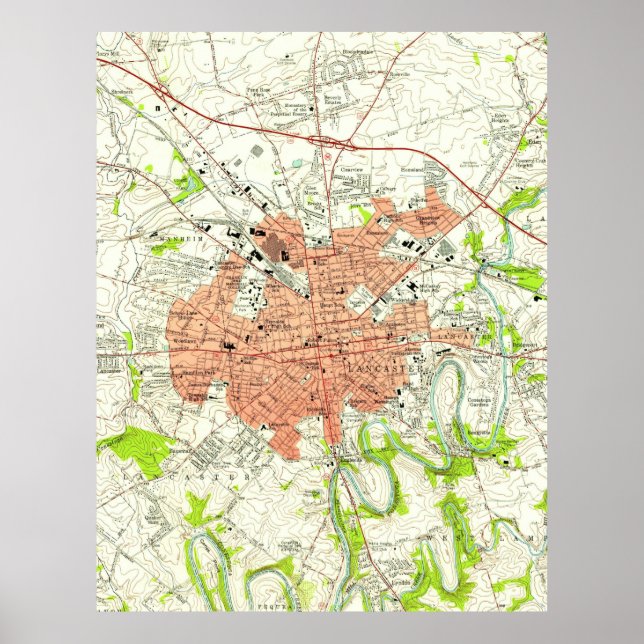 Poster Vintage Map of Lancaster Pennsylvania (1956) (Frente)