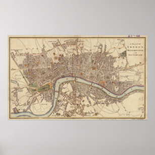 Póster Vintage Map of London England (1807)