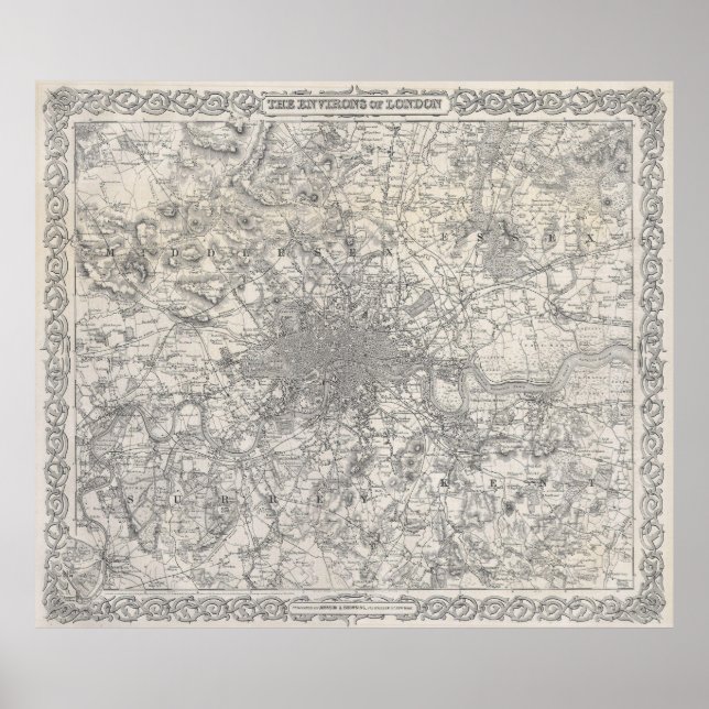 Póster Vintage Map of London England (1855) (Frente)