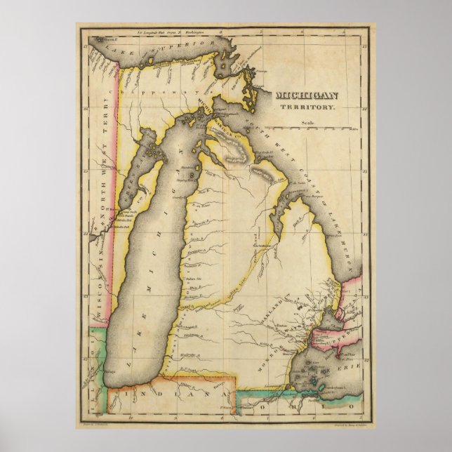 Poster Vintage Map of Michigan (1822) (Frente)