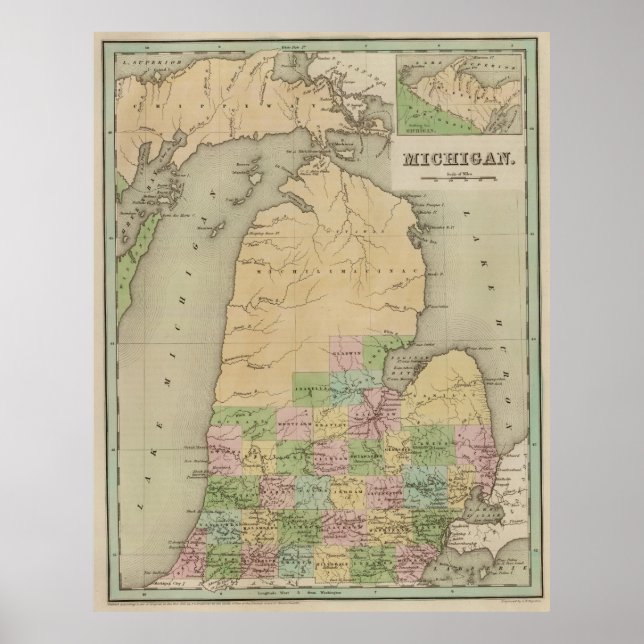 Póster Vintage Map of Michigan (1838) (Frente)