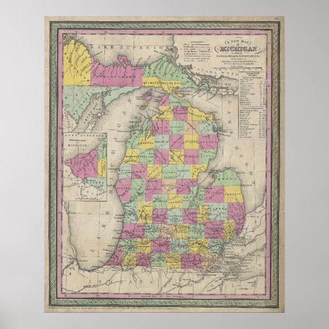 Póster Vintage Map of Michigan (1853) (Frente)