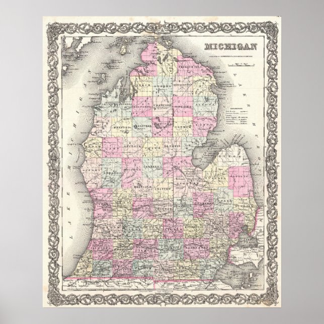 Póster Vintage Map of Michigan (1855) (Frente)
