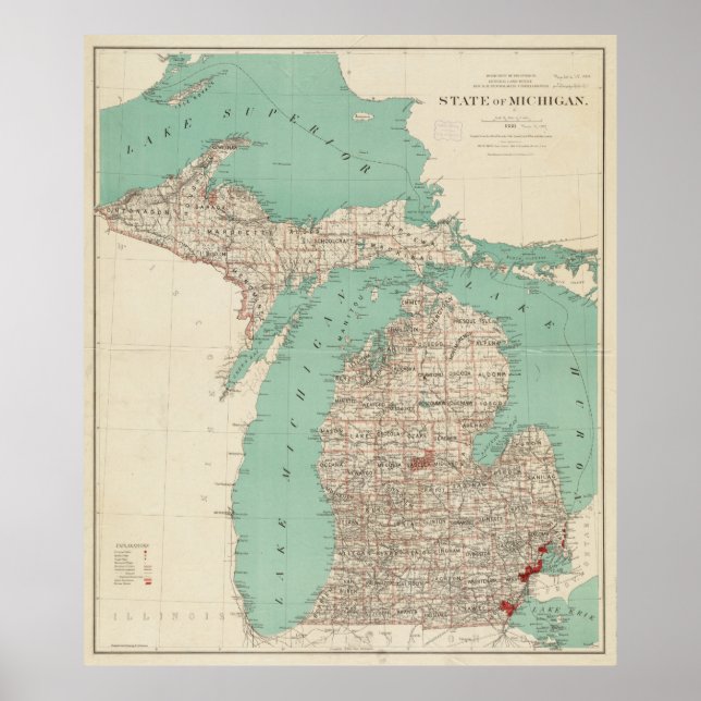 Poster Vintage Map of Michigan (1888) (Frente)