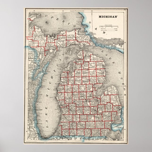 Poster Vintage Map of Michigan (1893) (Frente)