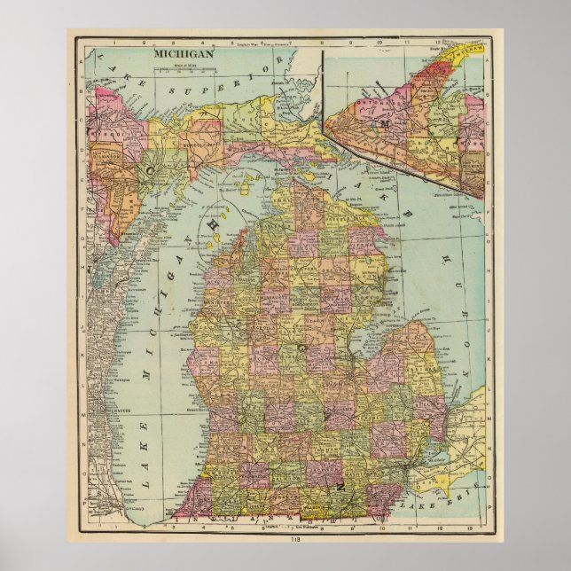 Poster Vintage Map of Michigan (1909) (Frente)