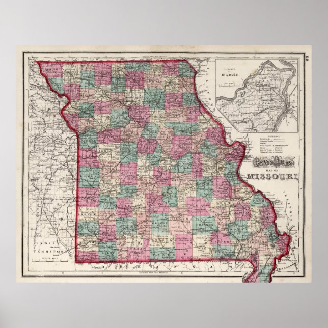 Poster Vintage Map of Missouri (1873) (Frente)