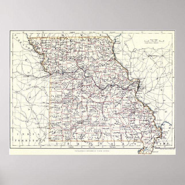 Poster Vintage Map of Missouri (1883) (Frente)