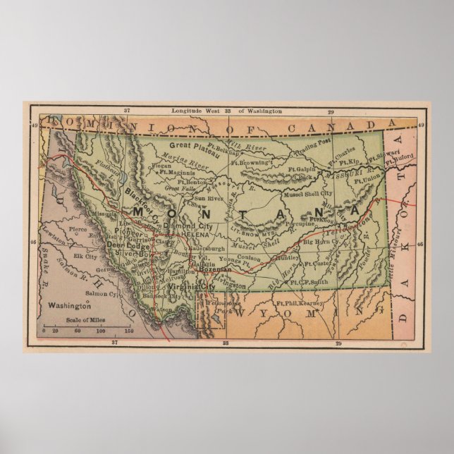 Póster Vintage Map of Montana (1885) (Frente)
