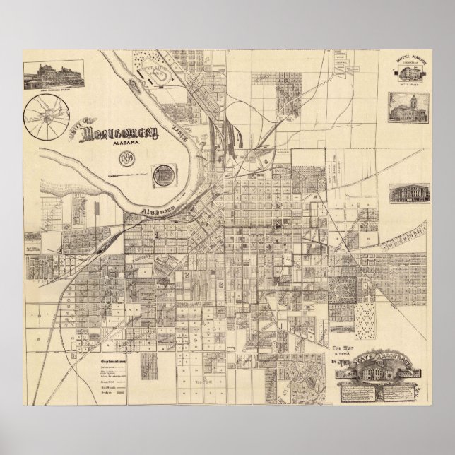 Poster Vintage Map of Montgomery, Alabama (1899) (Frente)