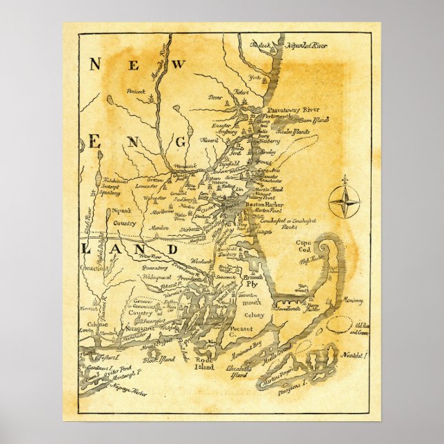 Póster Vintage Map of New England (Frente)