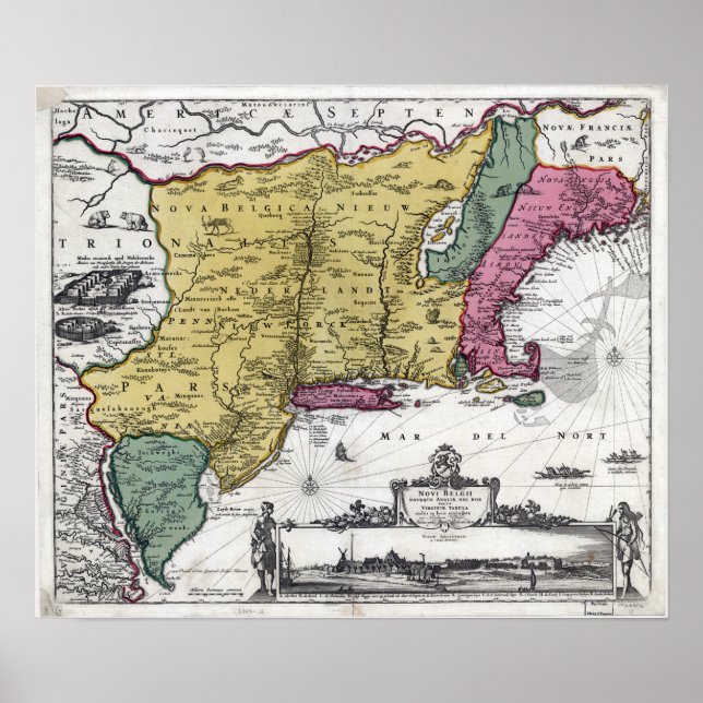 Póster Vintage Map of New England (Frente)